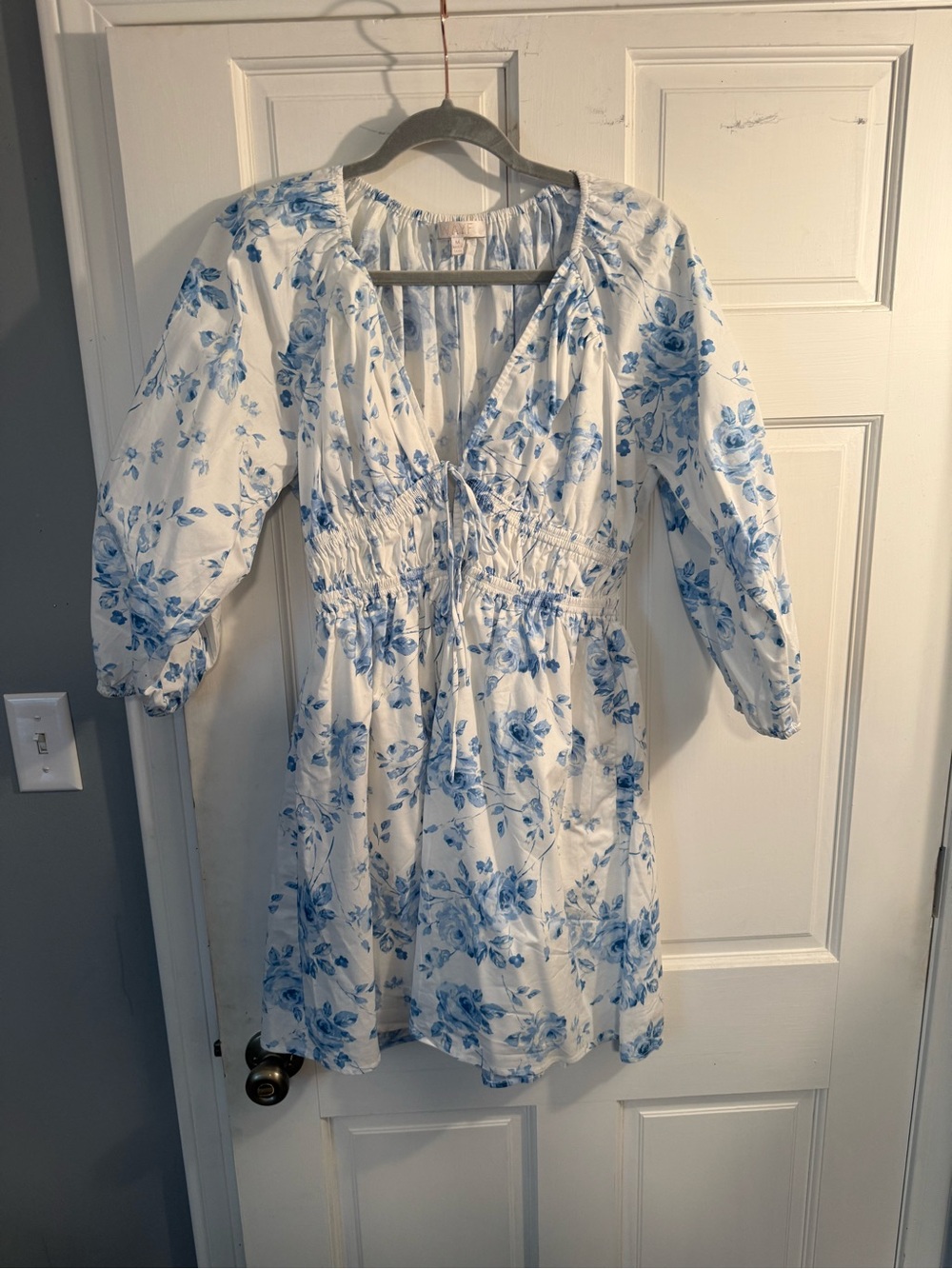 Wayf White Mini Dress with Blue Floral Print